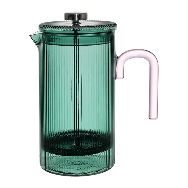 Cafetière à piston striée en verre borosilicate émeraude et rose 1L