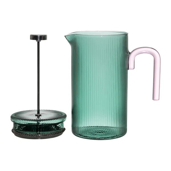 Cafetière à piston striée en verre borosilicate émeraude et rose 1L
