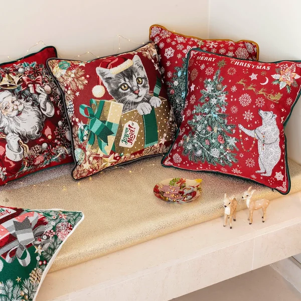 Carré de tissu jacquard polycoton motif festif esprit noël CLAUS Rouge