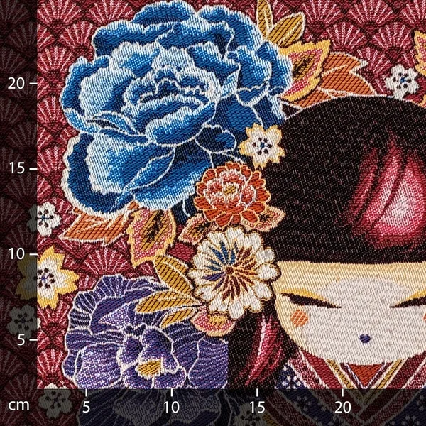 Carré de tissu jacquard polycoton motif geisha chibi MINA rose Fuchsia