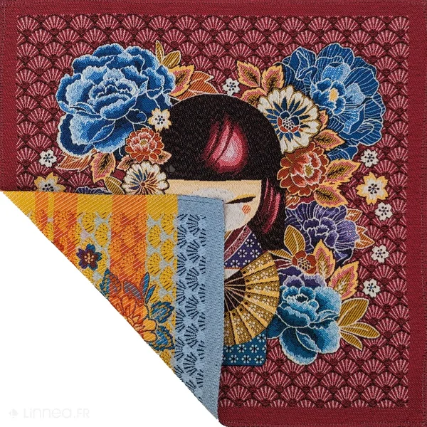 Carré de tissu jacquard polycoton motif geisha chibi MINA rose Fuchsia