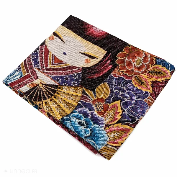 Carré de tissu jacquard polycoton motif geisha chibi MINA rose Fuchsia