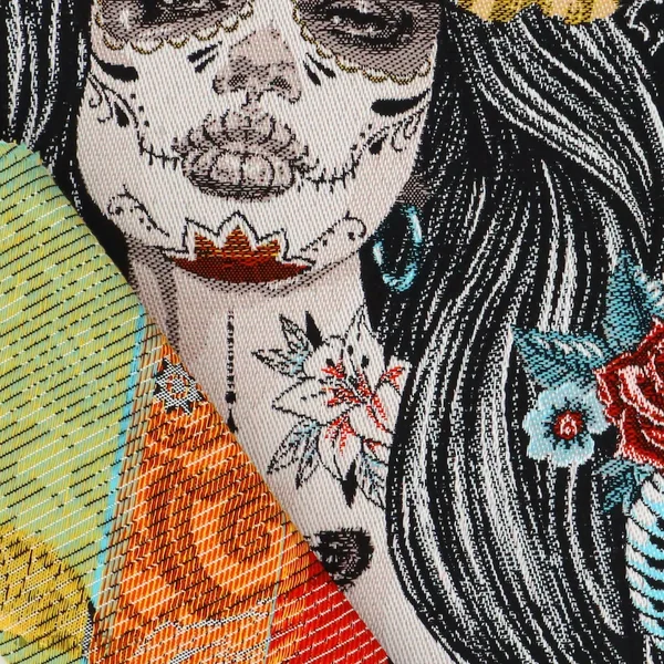 Carré de tissu jacquard polycoton motif portrait esprit calavera SAMBALA Noir