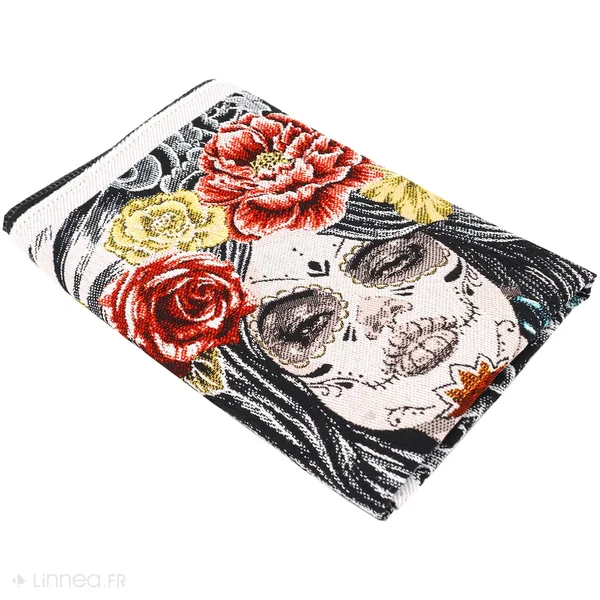 Carré de tissu jacquard polycoton motif portrait esprit calavera SAMBALA Noir