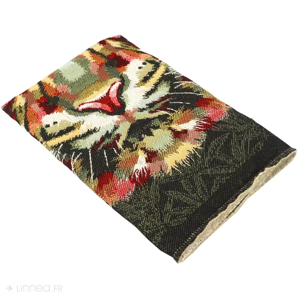 Carré de tissu jacquard polycoton motif tête de tigre SHEREKAHN vert Kaki