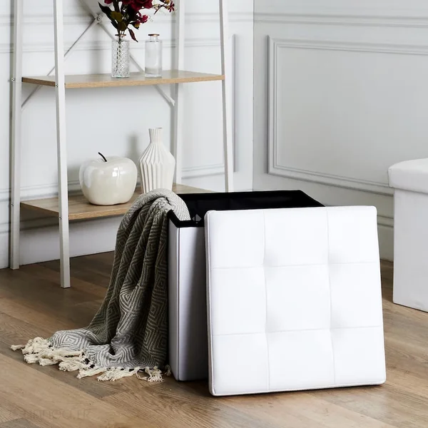 Coffre pouf décoratif 38x38x38 cm aspect matelassé collection CHIC blanc