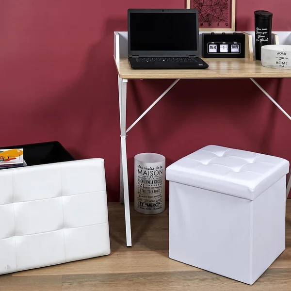 Coffre pouf décoratif 38x38x38 cm aspect matelassé collection CHIC blanc