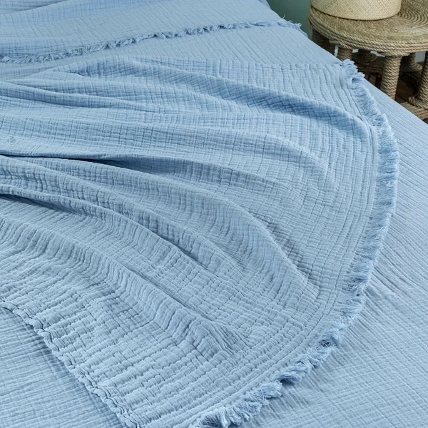Dessus de lit 180x250 cm BREHAT 100% gaze de coton bleu ciel