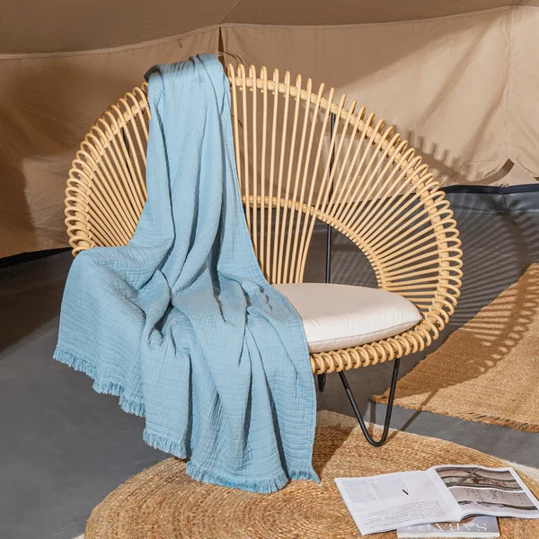 Dessus de lit 180x250 cm BREHAT 100% gaze de coton bleu orage