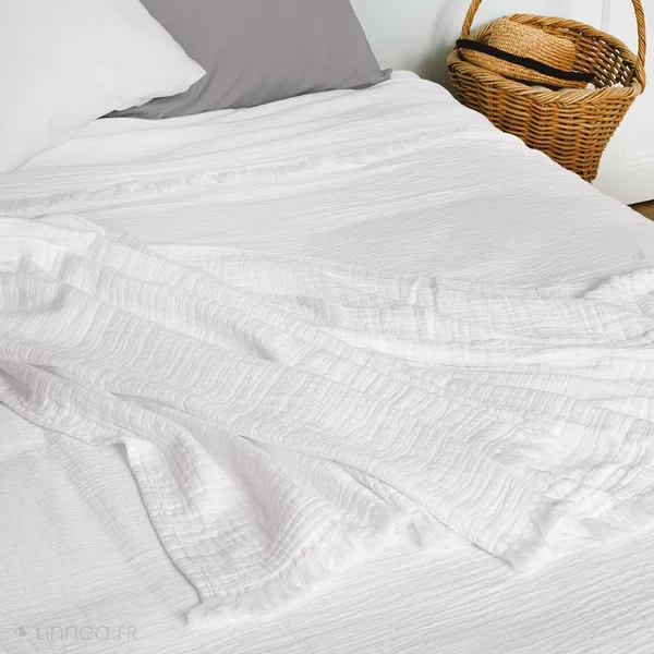 Dessus de lit frange 180x250 cm BREHAT 100% gaze de coton blanc