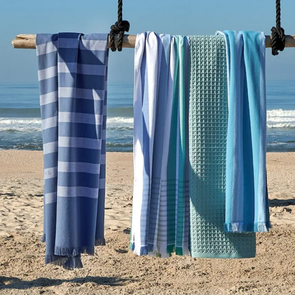 Drap de plage 100x180 cm pur coton collection CATANE rayures bleu marine