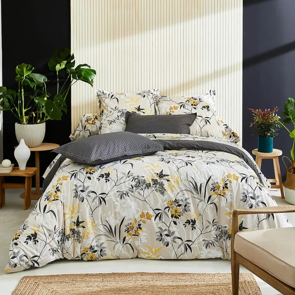 Drap housse imprimé 200x200 cm percale de coton ASIA gris Anthracite Bonnet 40 cm
