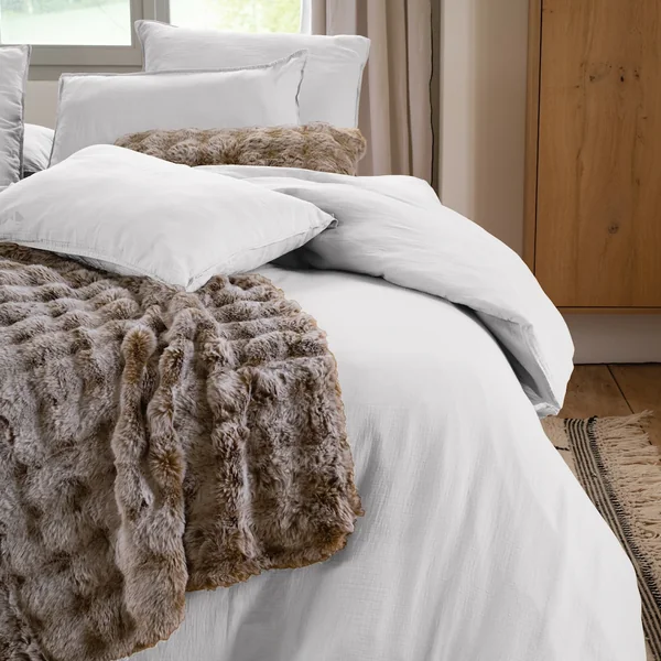Drap housse MILOS mousseline de coton 160x200 cm bonnet 30 cm uni blanc neige