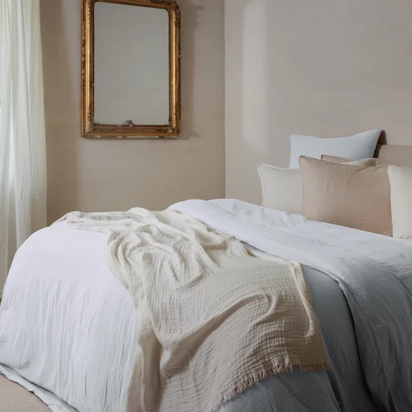 Drap housse MILOS mousseline de coton 160x200 cm bonnet 30 cm uni blanc neige