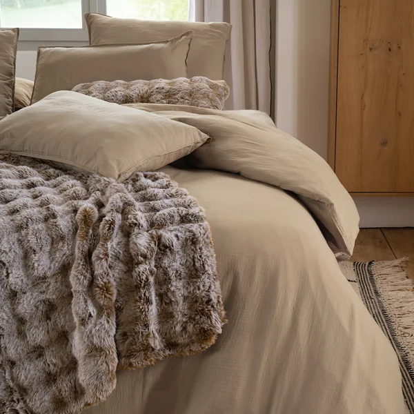 Drap housse MILOS mousseline de coton 160x200 cm bonnet 30 cm uni marron camel