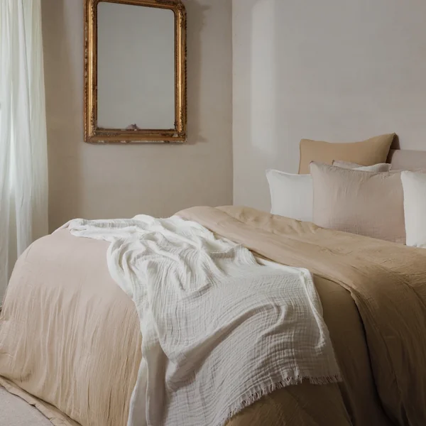 Drap housse MILOS mousseline de coton 160x200 cm bonnet 30 cm uni marron camel
