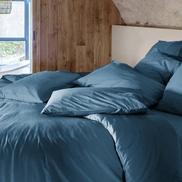 Drap housse PALACE pur coton lavé 180x200 cm bonnet 35 cm uni bleu marine