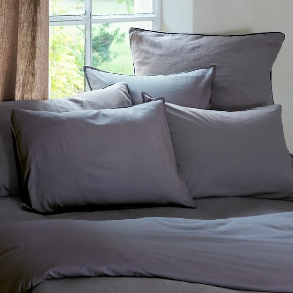 Drap housse PALACE pur coton lavé 180x200 cm bonnet 35 cm uni gris brume