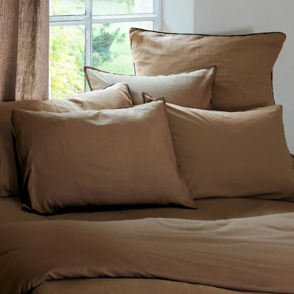 Drap housse PALACE pur coton lavé 90x190 cm bonnet 30 cm uni marron cognac