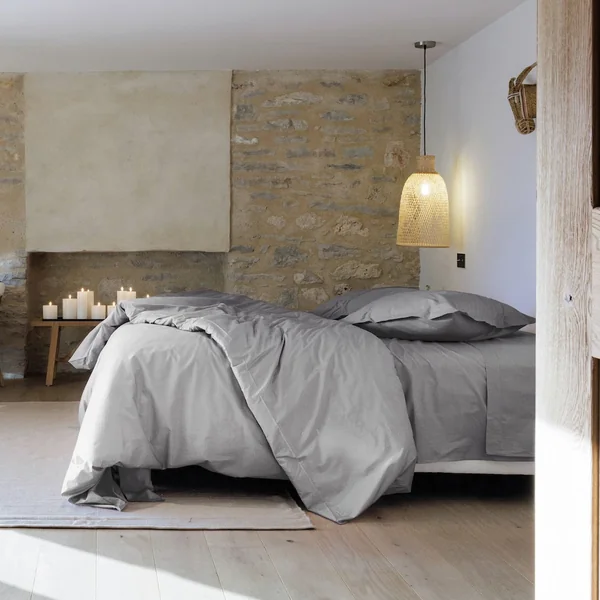 Drap housse uni 160x200 cm bonnet 35 cm percale de coton MANOIR gris Acier