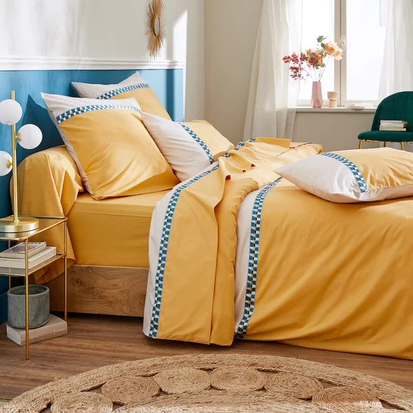 Drap plat bicolore 180x290 cm en 100% percale de coton ROMY Ambre