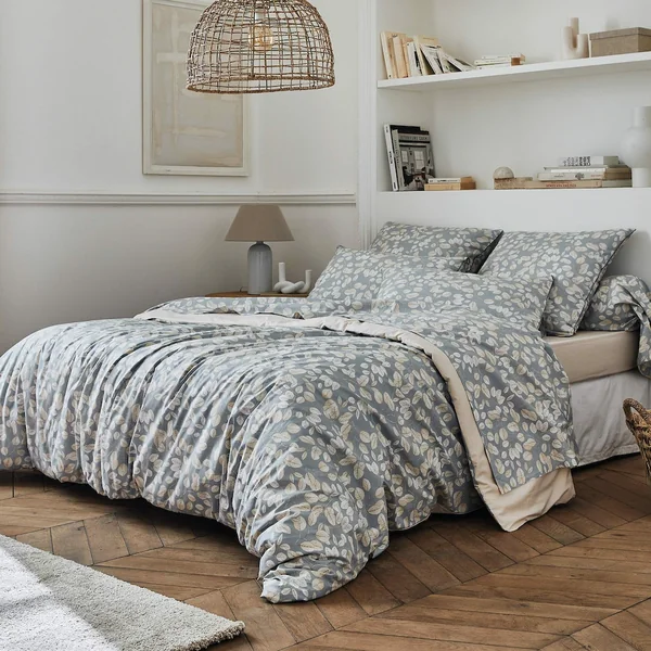 Drap plat imprimé 280x310 cm en 100% percale de coton LISON gris