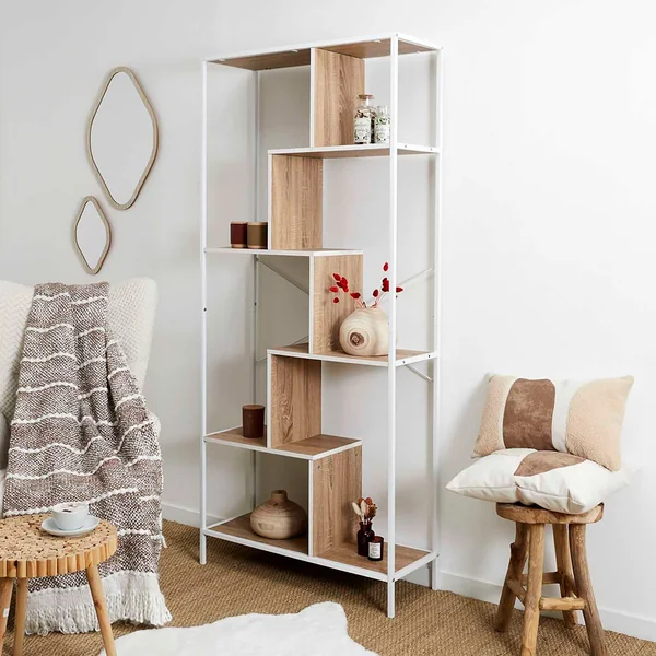 Etagère en métal blanc et bois naturel h180cm - Edgard