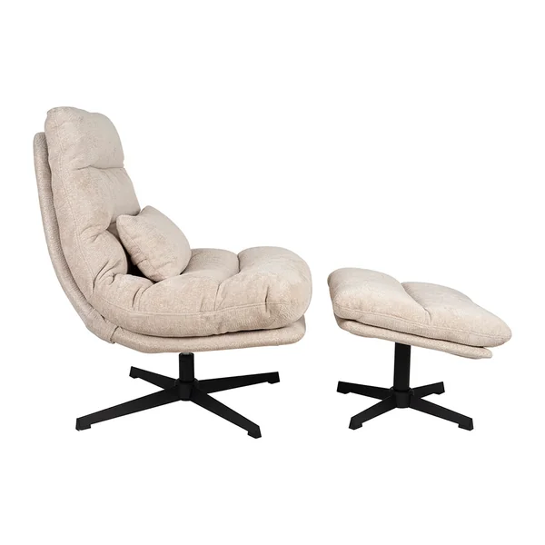 Fauteuil et repose pied en tissu beige et fer noir - Lery