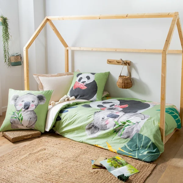 Housse de couette 140x200 cm en 100% percale de coton PANDA vert