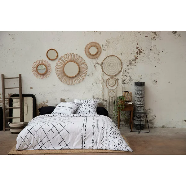 Housse de couette 240x220cm et 2 taies d'oreiller 60x60cm en coton blanc et noir - Ikat