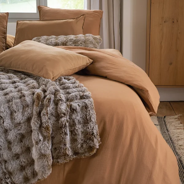 Housse de couette 260x240 cm mousseline de coton MILOS marron cognac