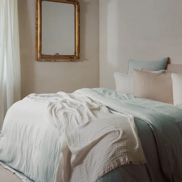 Housse de couette 260x240 cm mousseline de coton MILOS vert lichen