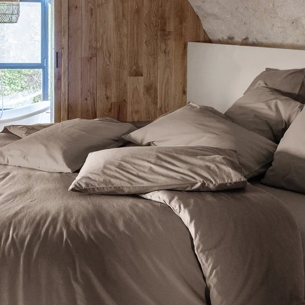 Housse de couette PALACE pur coton lavé 140x200 cm uni marron tabac