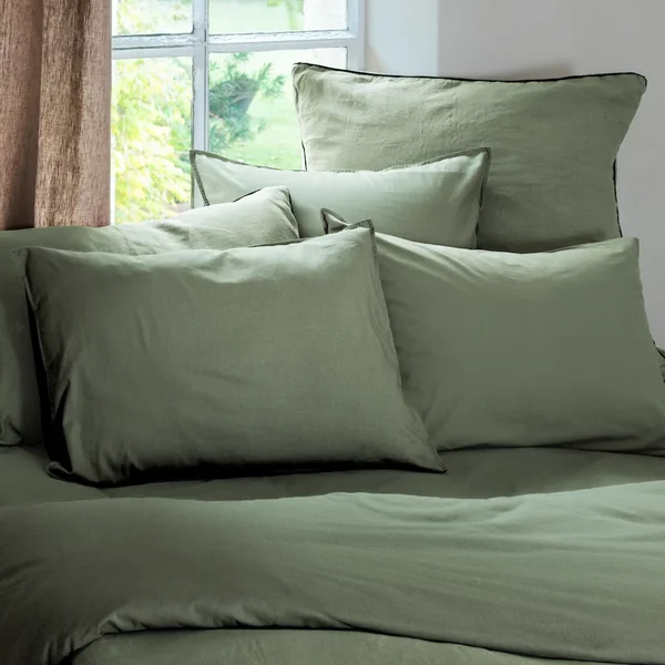 Housse de couette PALACE pur coton lavé 140x200 cm uni vert mousse