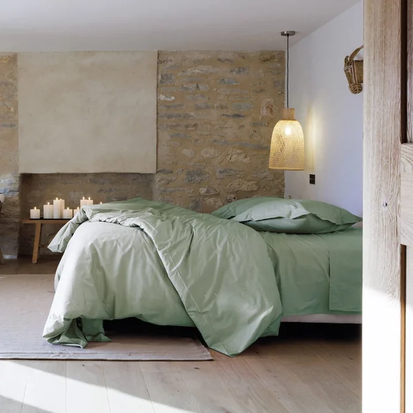 Housse de couette uni 200x200 cm percale de coton MANOIR vert Lichen