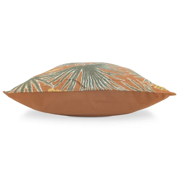 Housse de coussin 45x45 cm lin lavé motif végétal PALAWAN Terracotta