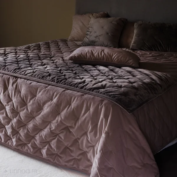 Housse de coussin 45x45 GIPSY velours piquage points brodés gris Bison