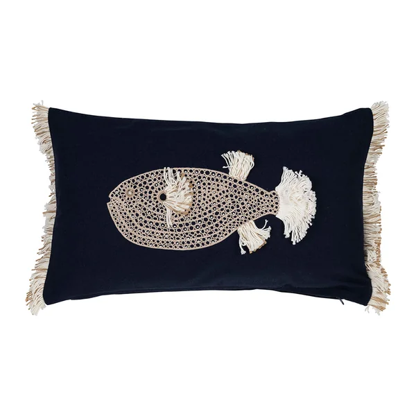 Housse de coussin baleine en coton bleu marine et beige 50x30cm - Amarres