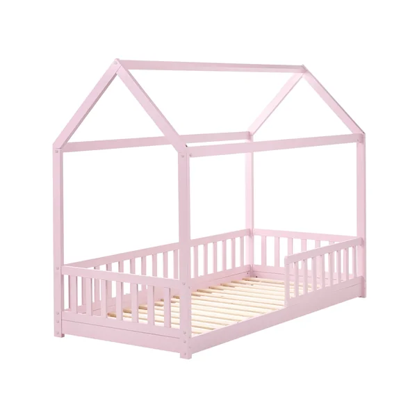 Lit d'enfant Maison Bois de pin COSSAYE 90 x 200 cm Rose pastel