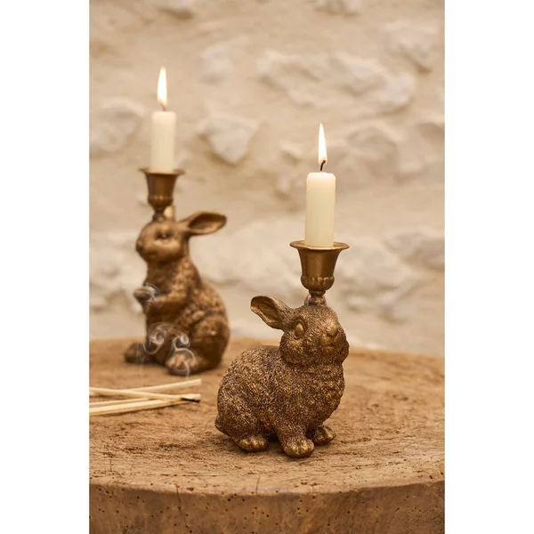 Lot de 2 bougeoirs lapin en poudre de pierre et fer mordoré - Floreal