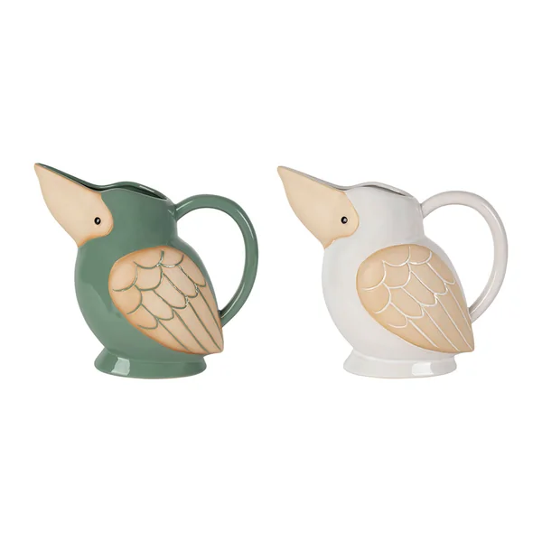 Lot de 2 pichets oiseau en grès blanc et sauge 1L - Calao