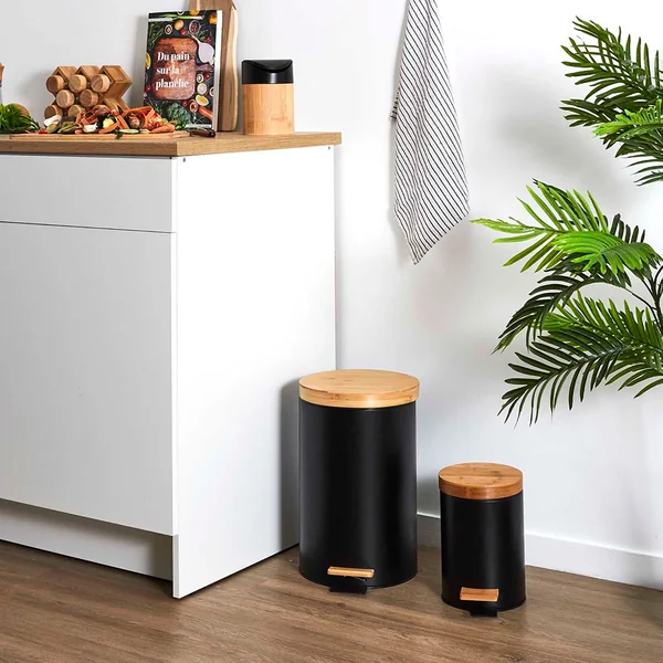 Lot de 2 poubelles à pédale en métal noir et bambou 3L et 12L