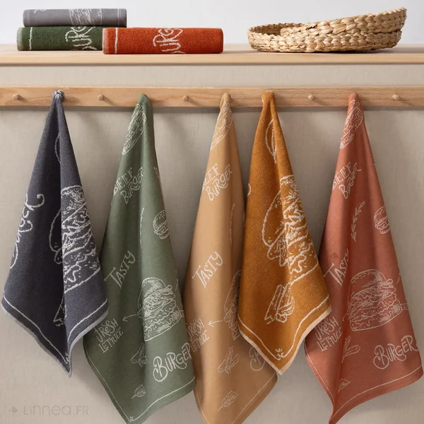 Lot de 2 torchons de cuisine pur coton 50x70 cm collection BURGER gris
