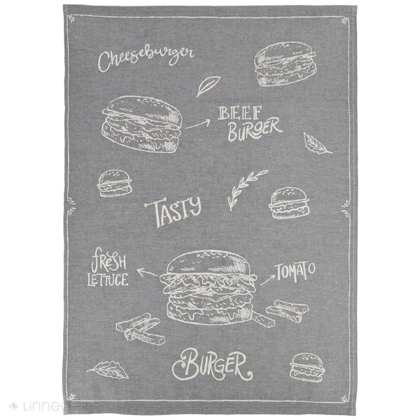 Lot de 2 torchons de cuisine pur coton 50x70 cm collection BURGER gris