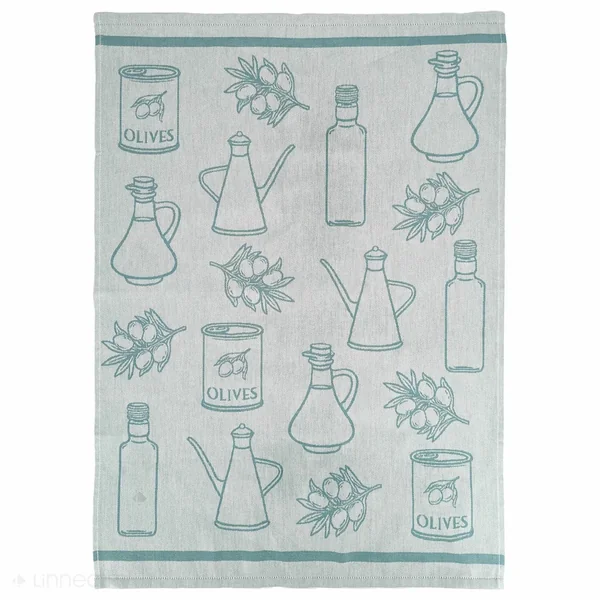 Lot de 2 torchons de cuisine pur coton 50x70 cm EVOO motif olives vert