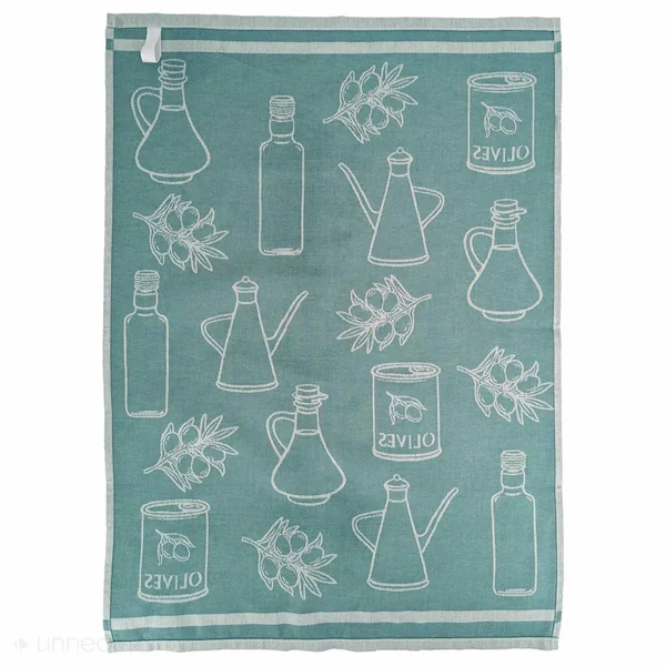 Lot de 2 torchons de cuisine pur coton 50x70 cm EVOO motif olives vert