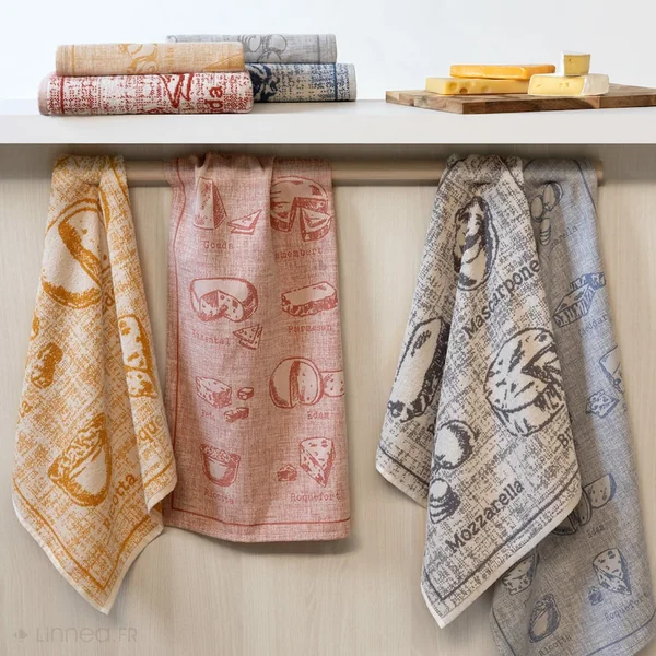 Lot de 2 torchons de cuisine pur coton 50x70 cm motif fromage collection CHEESE gris
