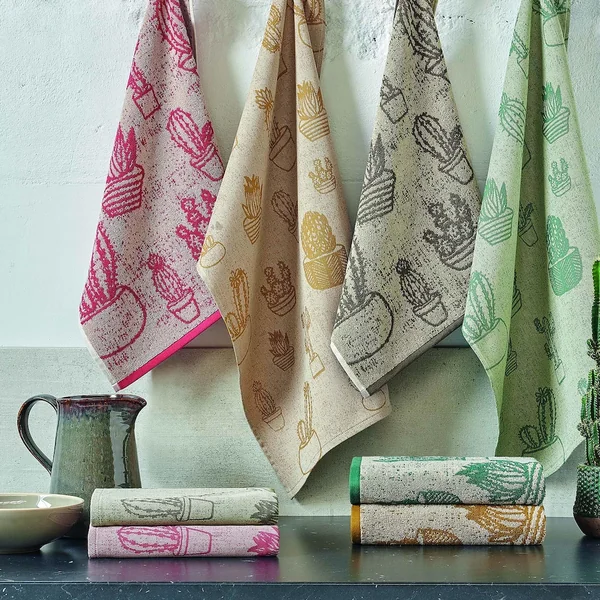 Lot de 2 torchons de cuisine toile 50x70 cm coton CACTUS vert