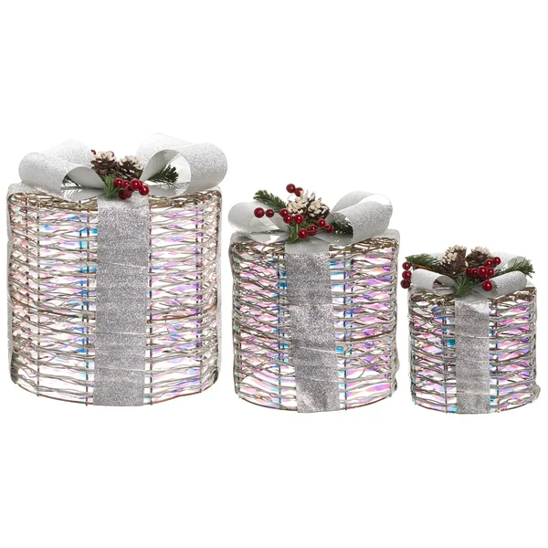 Lot de 3 décorations de Noël LED JULSO Cadeaux de Noël 20/25/30 cm Argenté