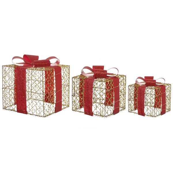 Lot de 3 décorations de Noël LED LYSEREN Cadeaux de Noël 20/25/30 cm Doré